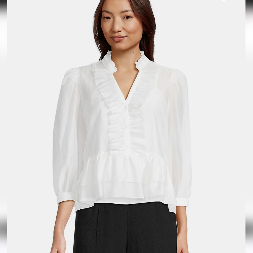 Karl Lagerfeld Paris Soft White Ruffled Blouse Puff Sleeve Blouse Sz XL Office